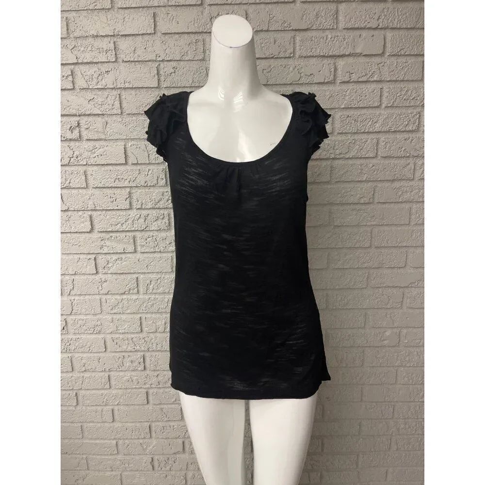 Cable and Gauge Women Black Sheer Ruffle Shoulder Sleeveless Top Size M